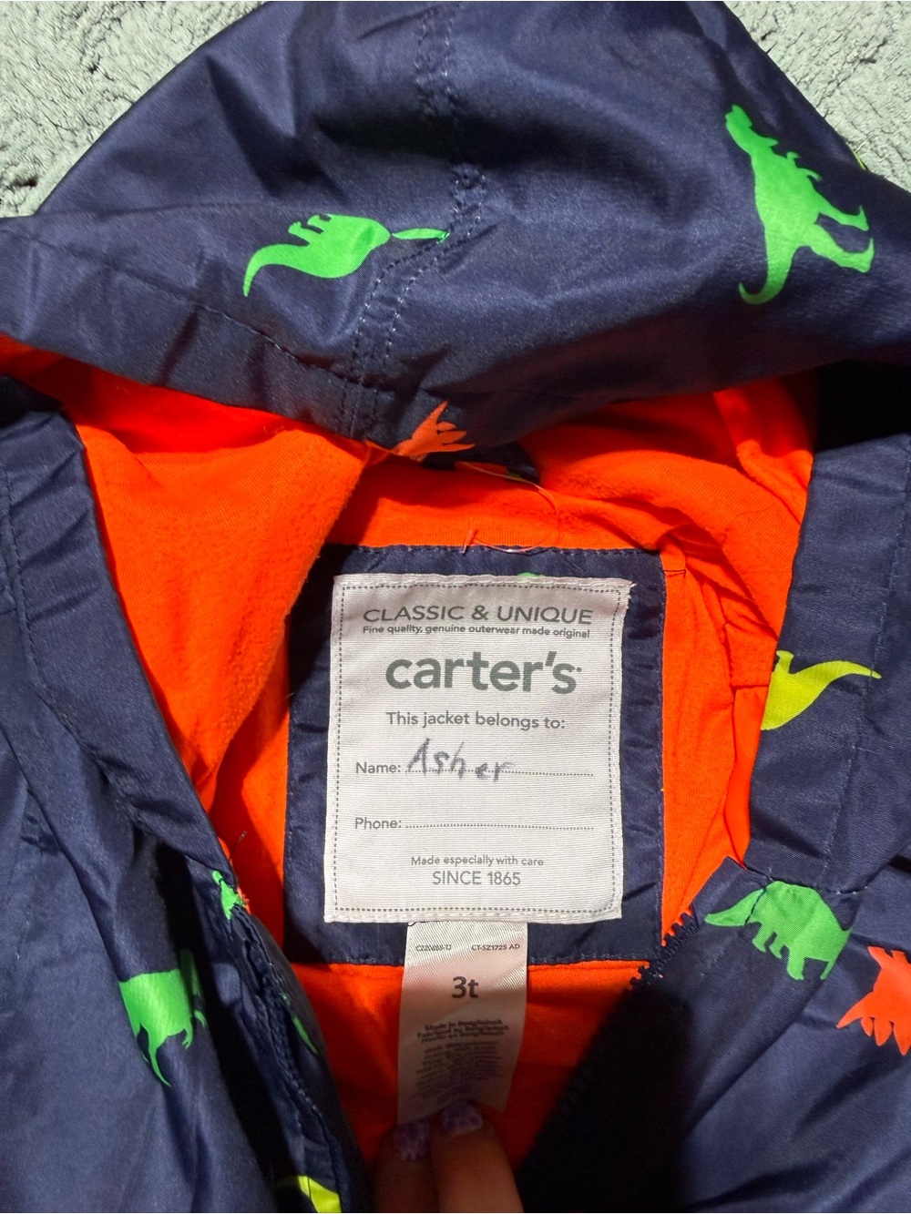 Carter's Navy & Orange Dinosaur Hooded Jacket for Kids 3t